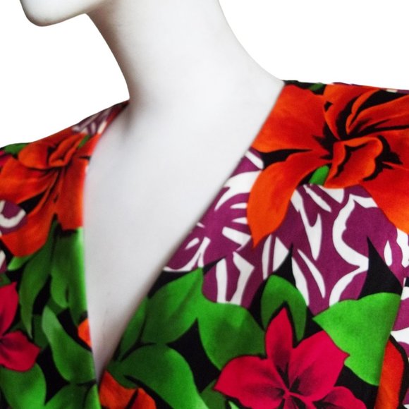 Vtg 80s Tropical Floral Curvy Cut Strong Shoulder Cotton Wrap Statement Top M - Picture 7 of 11